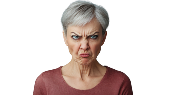 Senior woman making angry face expression on transparent background