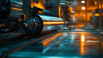 Fototapeta premium A modern shiny metal printing press with a bright tone and blurred background, symbolizing the intersection of technology and communication, capturing the concept of chaos in a controlled space