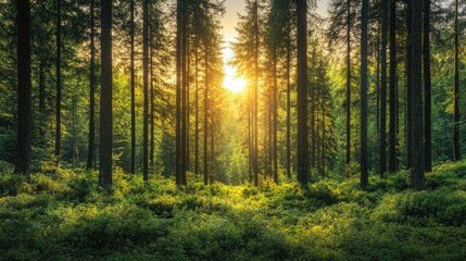 Naklejka premium Sunlight Filtering Through Tall Trees in a Lush Green Forest with Vibrant Foliage