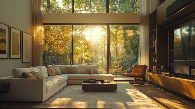 Sunlit Modern Living Room Autumn Forest View