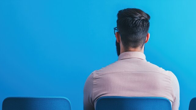 Man contemplating in front of blue wall indoor portrait calm atmosphere back view self-reflection concept