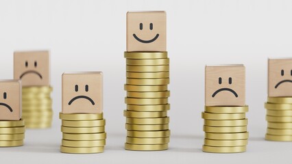 Coin stacking on smiley face and sad face for good financial planing can make happiness in life, Money saving and investment concept.3D rendering on white background.