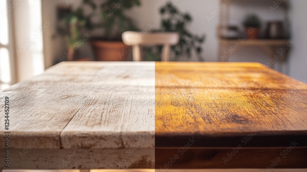 Aufkleber before and after comparison of dusty furniture versus clean shiny surface in a bright room. generati