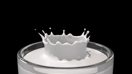 Milk splash on a black background. Close-up of a glass of milk with splashing milk.