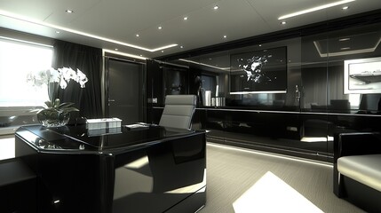 Modern executive office interior showcasing sleek design, large windows, and elegant decor