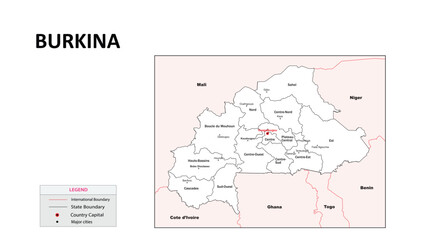 Burkina Faso Map. State map of Burkina Faso. Administrative map of Burkina Faso with state and capital in white color.