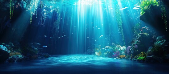 Obraz premium Sunlit Ocean Cave, Coral Reef, Fish, Background, Aquarium