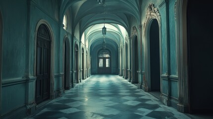 Obraz premium Dark, long palace hallway, arched doorways, sunlight, mystery, film set