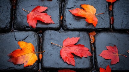 Vibrant red maple leaves scattered on dark cobblestone pavement in a serene autumn setting