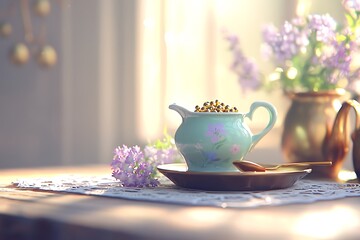 Fototapeta premium St. Patrick's day celebration cozy floral tea set still life in a warm atmosphere