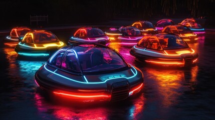 Obraz premium Neon-lit futuristic boats on lake at night, park background, entertainment