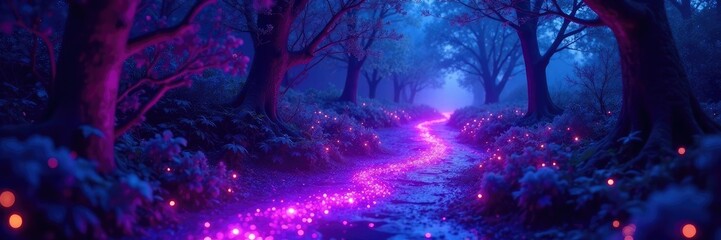 Glowing purple and blue trails create an enchanting pathway, mystical, enchanting