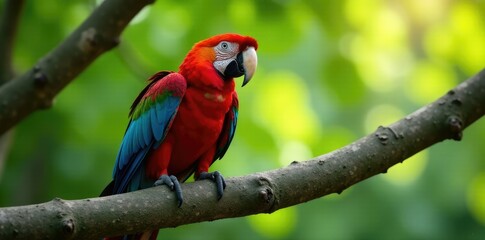 Obraz premium Macaw resting on a thick branch in the shade of trees, feathered, large