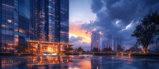Fototapeta premium City skyscraper lobby sunset, wet plaza, stormy sky; real estate ad