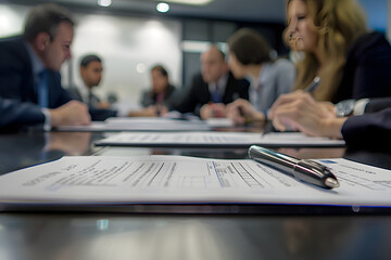 Professional Team Collaborating on Questionnaire Review in Modern Office Setting