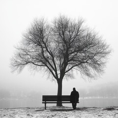 Solitary figure sits park bench, fog, winter, lake background, melancholic mood