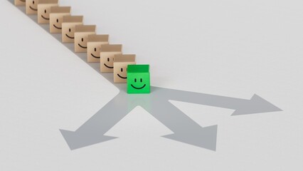 Green leader in business way.Wood cube with smile, normal and sad face. Facial expressions. Mental...