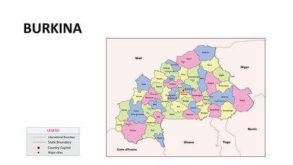 Burkina Faso Map. State and union territories of Burkina Faso with neighbouring countries. Political map of Burkina Faso with capital and important cities in Detailed.