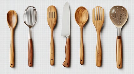 Wooden and metal kitchen utensils on textured background, food preparation tools