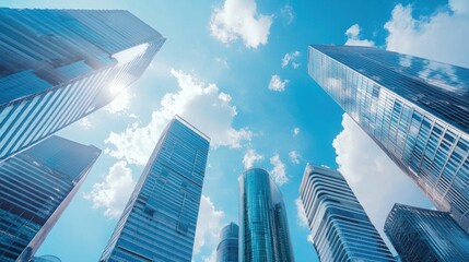 Naklejka premium Skyscrapers, city, sunny, low angle, blue sky, clouds, urban, business, architecture, success