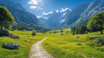 Fototapeta premium Serene mountain landscape with a winding path through vibrant meadows under a bright sky