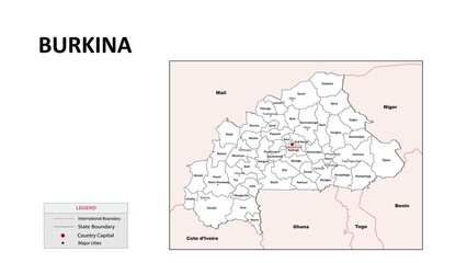 Fototapeta premium Burkina Faso Map. State map of Burkina Faso. Administrative map of Burkina Faso with state and capital in white color.