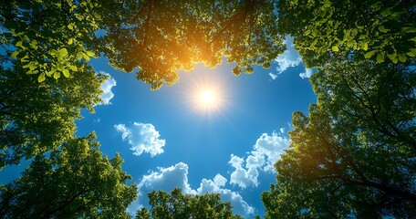 Sunlight filtering through lush green trees in a vibrant blue sky, creating a serene atmosphere