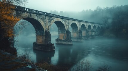 Misty River Stone Arch Bridge Autumn Landscape