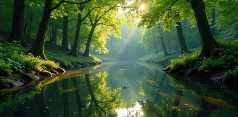 Obraz premium Reflections of a serene woodland scene in the water's surface, reflection, natural