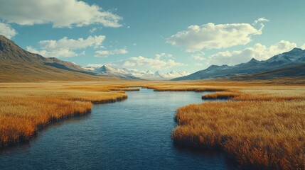 Autumnal mountain valley river flows, golden grass, scenic backdrop, travel poster