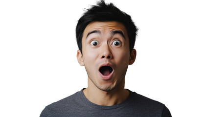 Shocked young man opening mouth in amazement with transparent background
