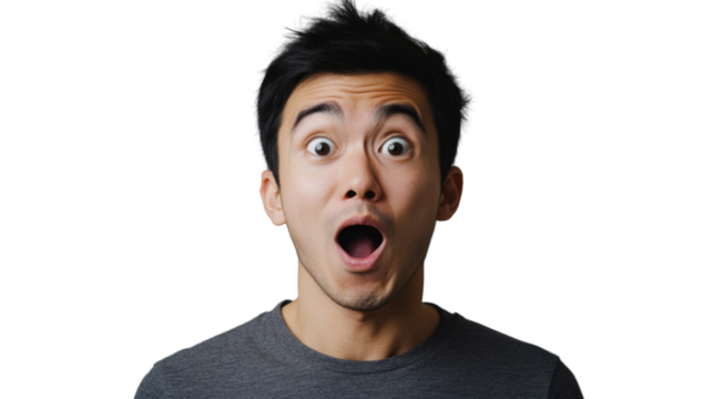 Shocked young man opening mouth in amazement with transparent background