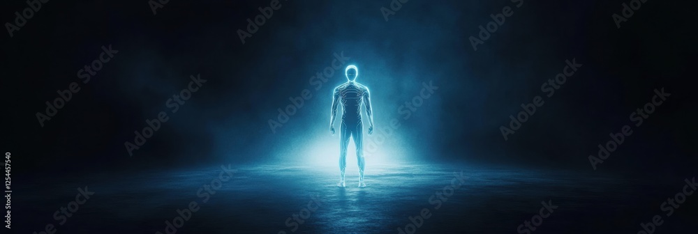 Fototapete Humanoid robot glowing in a dark environment projecting a serene and futuristic presence. Generative AI