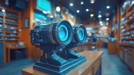 Fototapeta premium Two vintage-style optical devices on a wooden counter in a well-lit optical store.