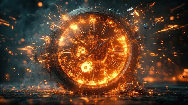 Burning clock exploding, dark background, fiery destruction, time concept
