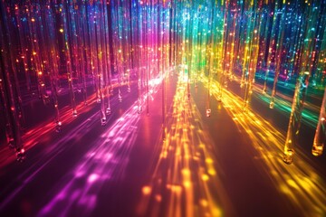 Rainbow light installation, dark room, glowing floor, abstract art, event decor