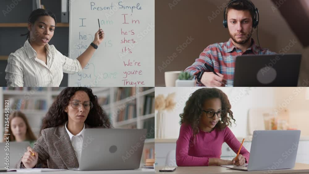 Poster a classroom environment features students participating in online education. individuals work on lap