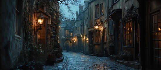Fototapeta premium Cobblestone lane, gas lamps glow, rain-slicked, medieval setting, film background