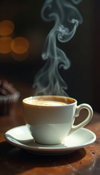 Rich aroma of freshly brewed coffee wafts from a steaming cup beside a delicate cupcake, steam, brewing