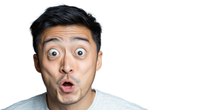 Surprised asian man opening his mouth with wide eyes on transparent background
