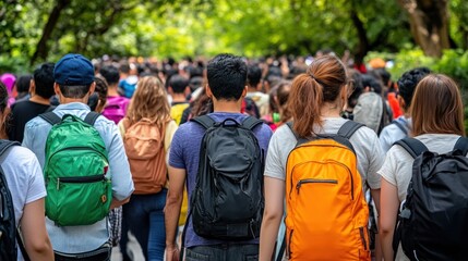 Tourists walk park path, backpacks, crowd, foliage, travel