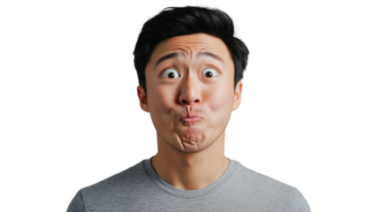 Young man puffing cheeks and making funny face on transparent background