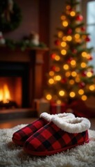 Soft red plaid slippers beside a festive Christmas tree in front of the fireplace, festive, winter