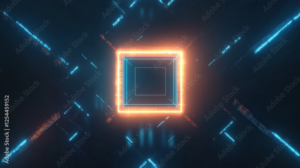 Poster Exploration of a futuristic microchip design illuminated by glowing lines and geometric shapes in a digital space. Generative AI