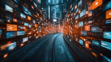 Data stream tunnel, city night, digital flow, social media, technology