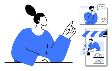 Black and blue outlined person pointing, two screen interfaces with video call and online shopping scenes. Ideal for digital communication, online shopping, user interface, remote connection, virtual