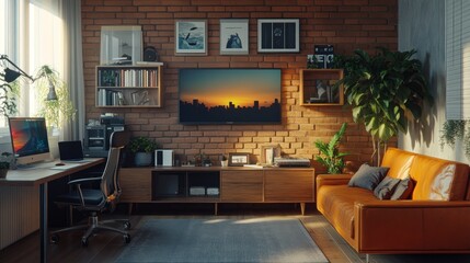 Modern home office sunset view brick wall workspace