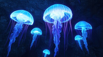 Naklejka premium Ethereal Jellyfish Glowing in Deep Ocean Water at Night