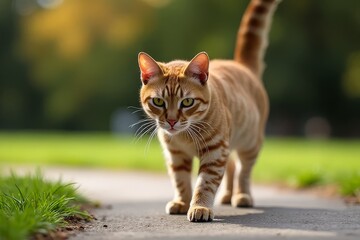 Obraz premium Orange Tabby Cat Walking on Path Outdoors in Green Park