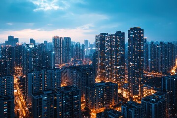 Obraz premium Cityscape twilight aerial view, illuminated buildings, cityscape skyline, dusk